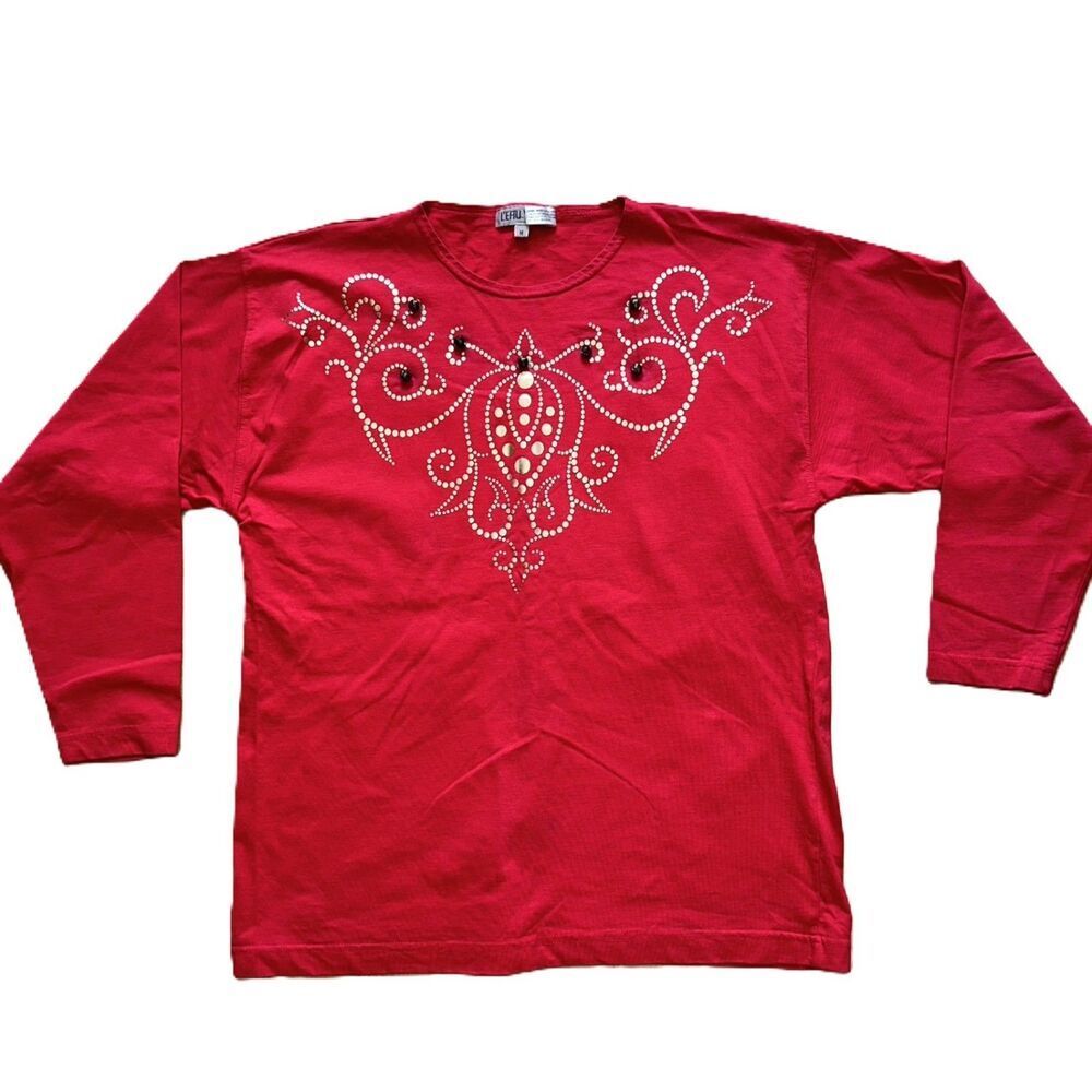 Vintage Christmas Jingle Bells Top Size M Long Sleeve Red Gold Holiday